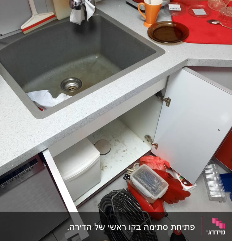 כלים וציוד אינסטלציה ליד כיור מטבח פתוח
